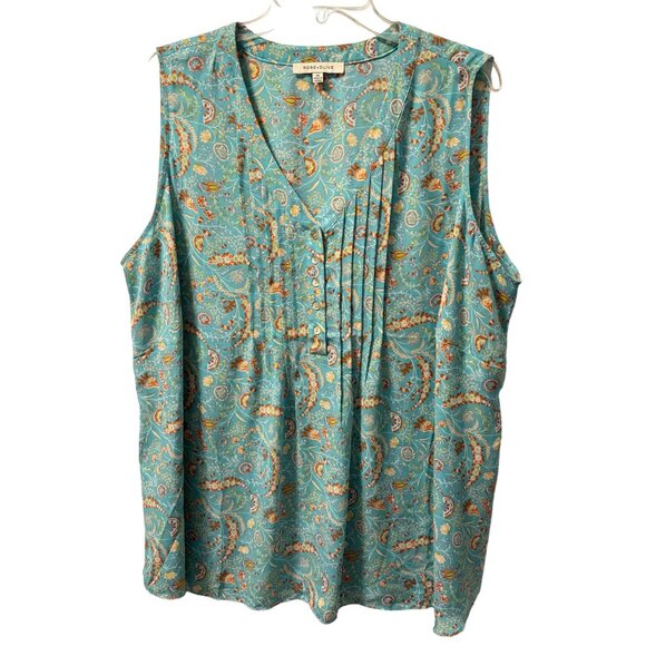 Sleeveless Rose+Olive Top Sz 2X Turquoise Floral Paisley V-Neck Lightweight Blou - Picture 1 of 12
